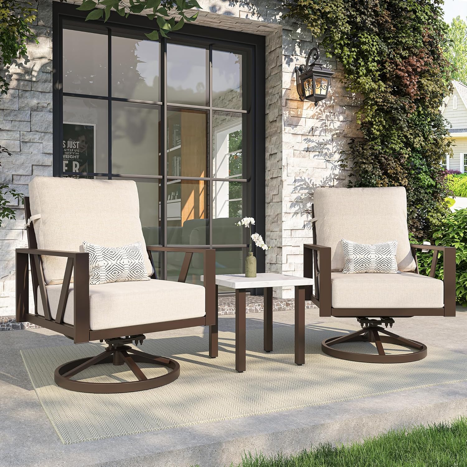 Outdoor Patio Swivel Rocking Chairs Set, Beige