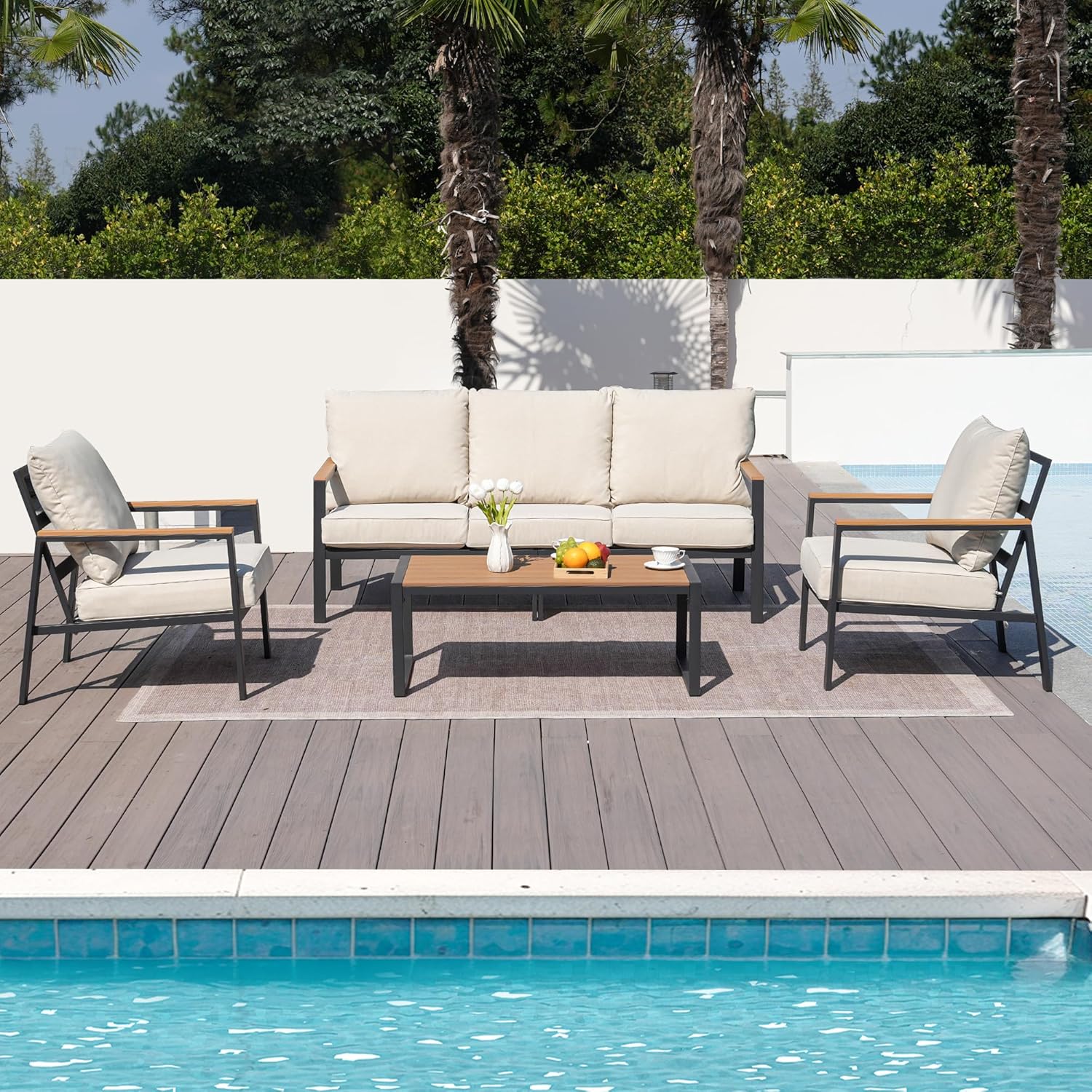 4 Pieces Outdoor Furniture Patio Conversation Set, Beige