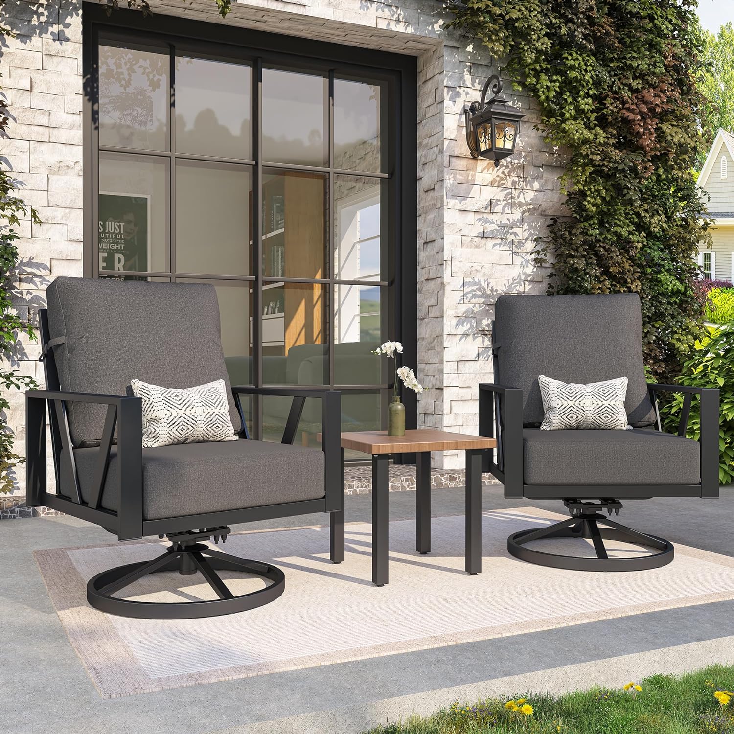 Outdoor Patio Swivel Rocking Chairs Set, Dark Gray