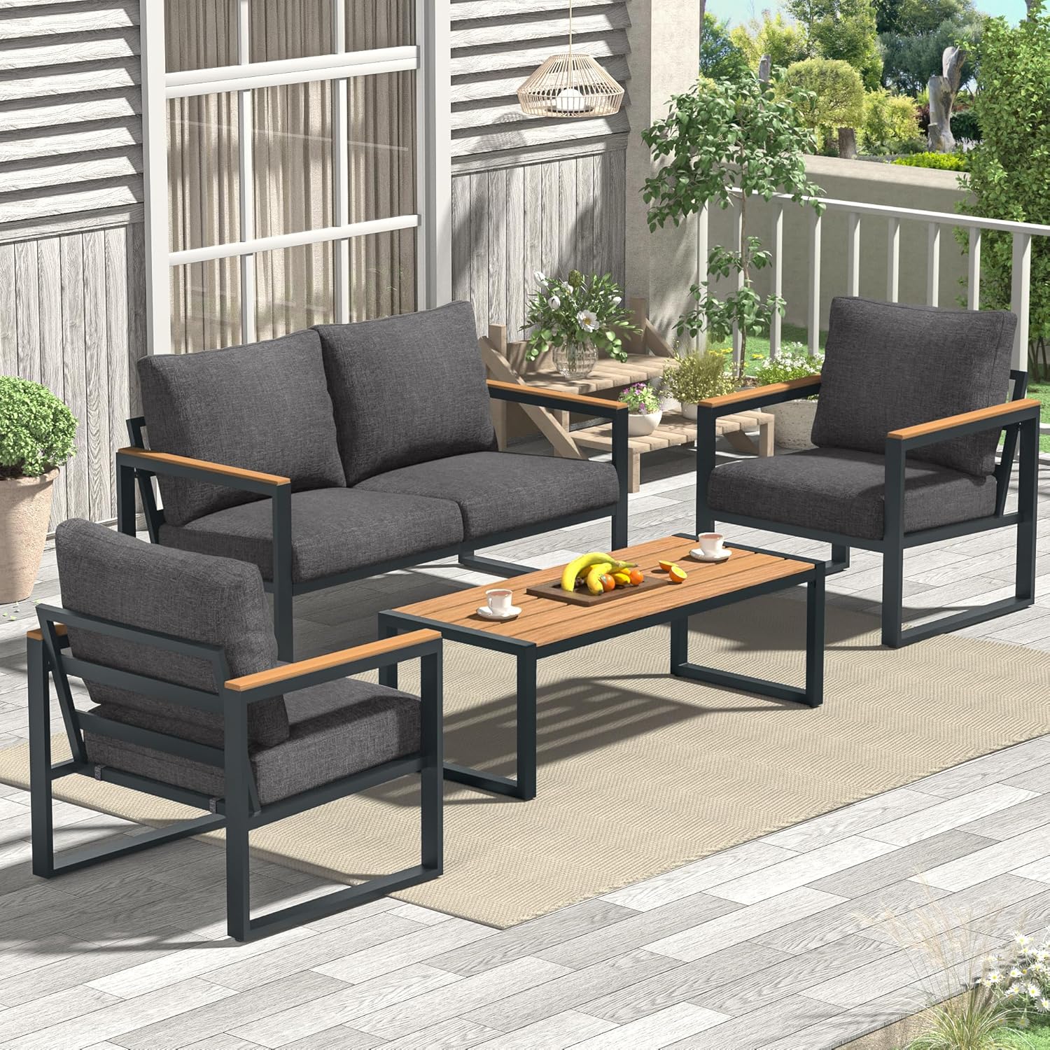 4 Pieces Outdoor Metal Patio Furniture Conversation Set, Gray