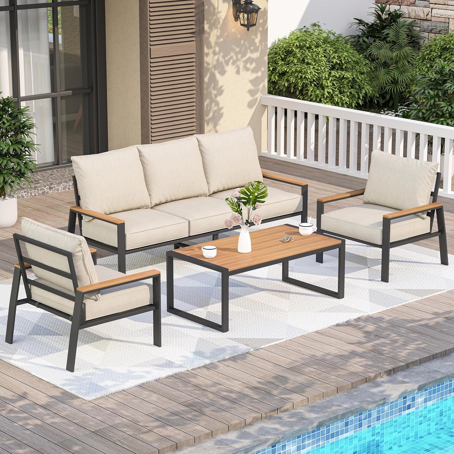 4 Pieces Outdoor Furniture Patio Conversation Set, Beige