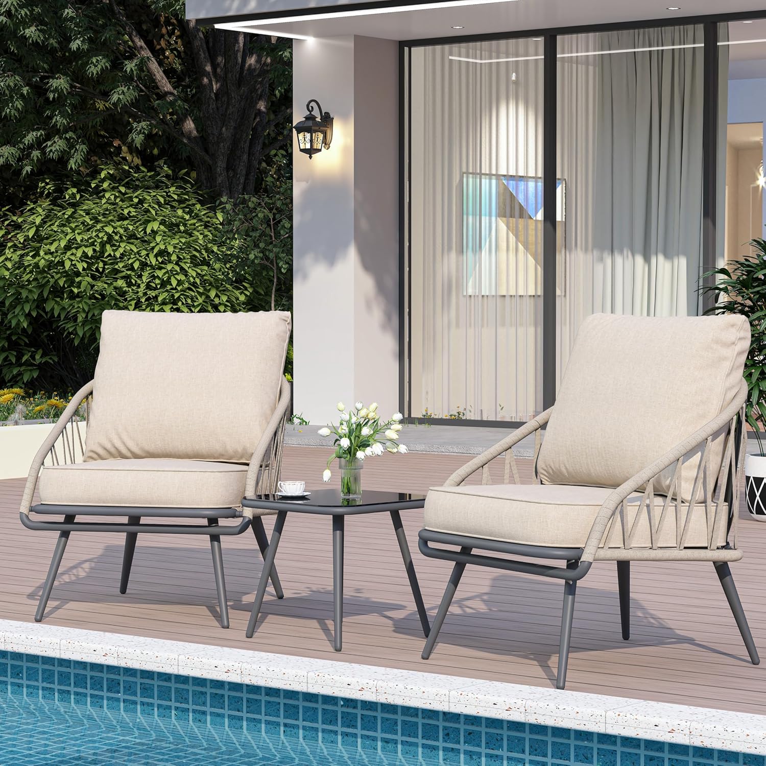 Outdoor 3 Piece Patio Bistro Set of 2, Beige