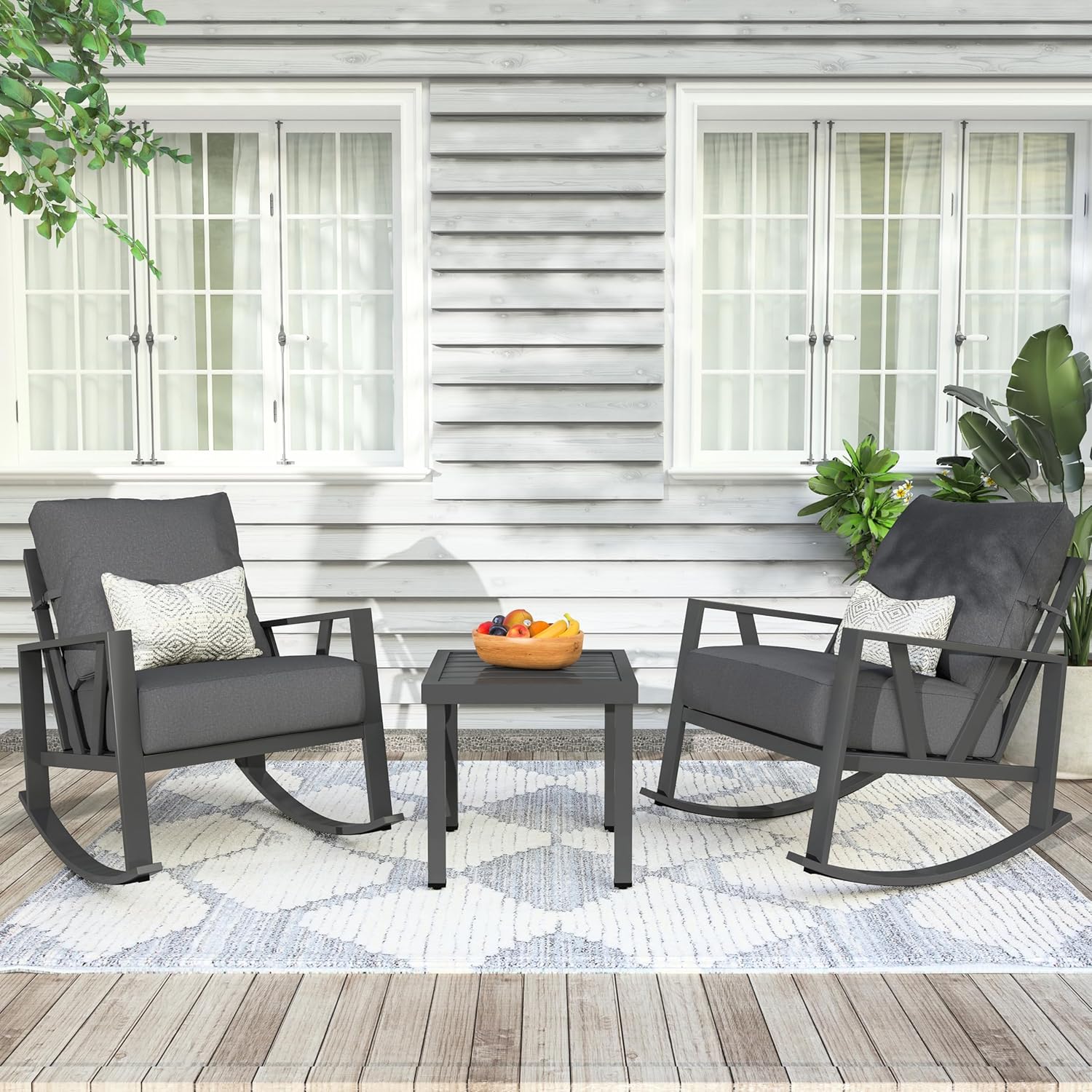 3 Piece Metal Patio Outdoor Rocking Chairs Set of 2, Gray