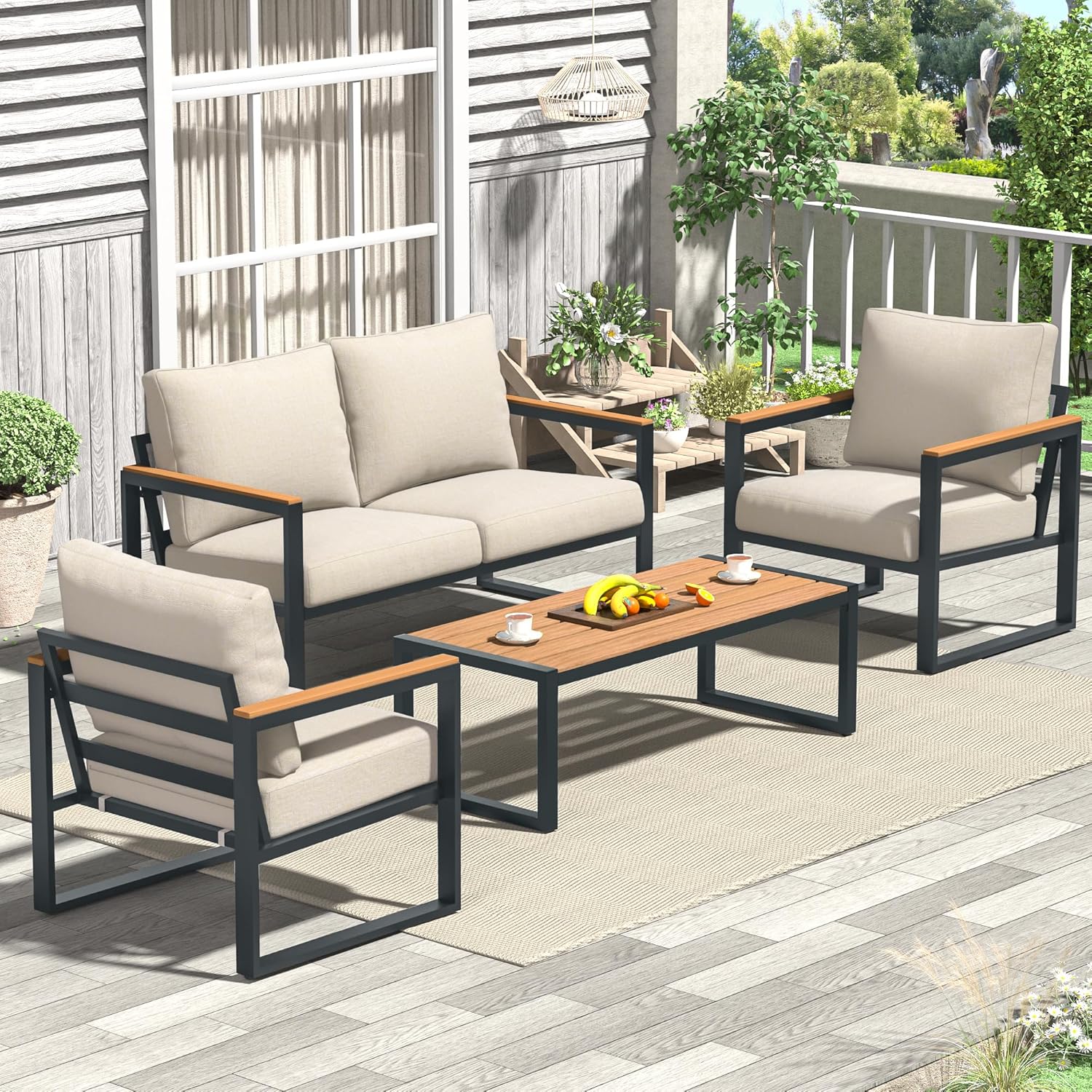4 Pieces Outdoor Metal Patio Furniture Conversation Set, Beige