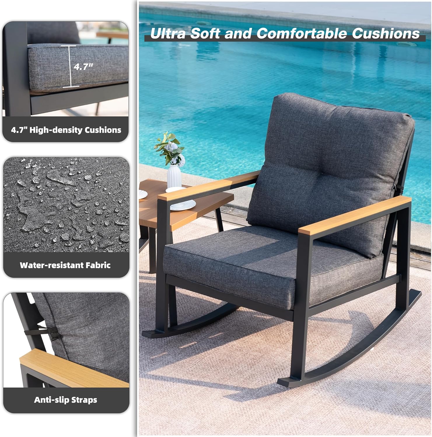 3 Pieces Rocking Bistro Set, Grey