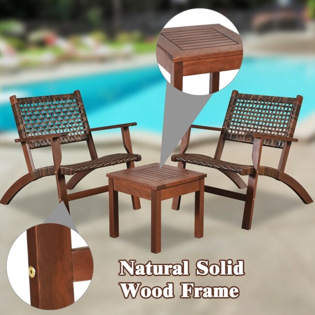 3PCS Outdoor Wooden Patio Rattan Furniture Set 