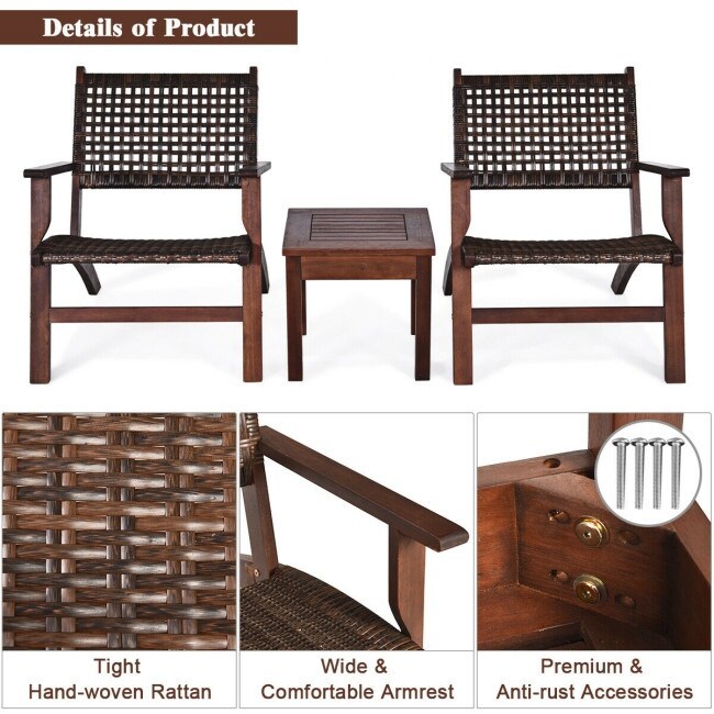 3PCS Outdoor Wooden Patio Rattan Furniture Set 