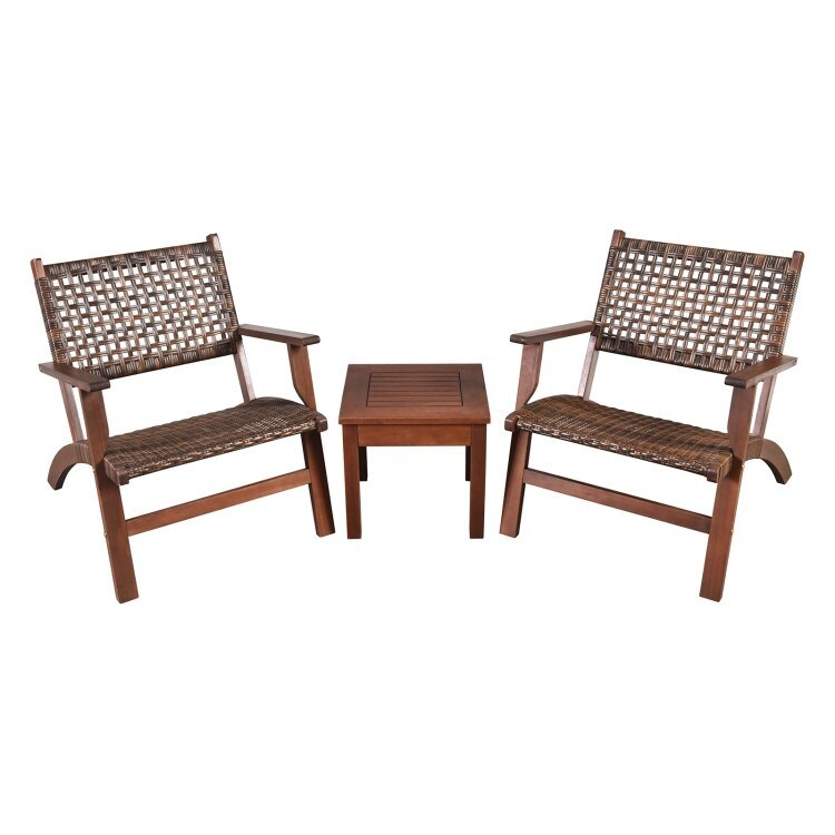 3PCS Outdoor Wooden Patio Rattan Furniture Set 