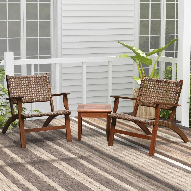 3PCS Outdoor Wooden Patio Rattan Furniture Set 