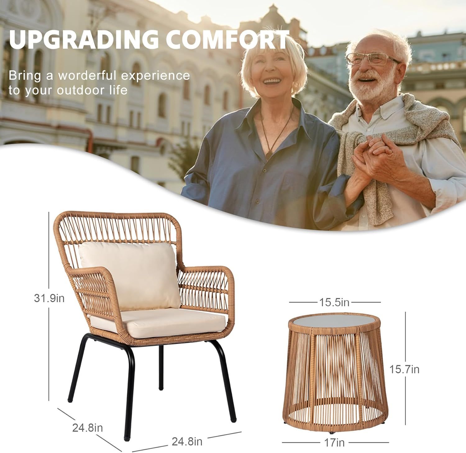 3 Piece Outdoor Wicker Furniture Bistro Set, Beige