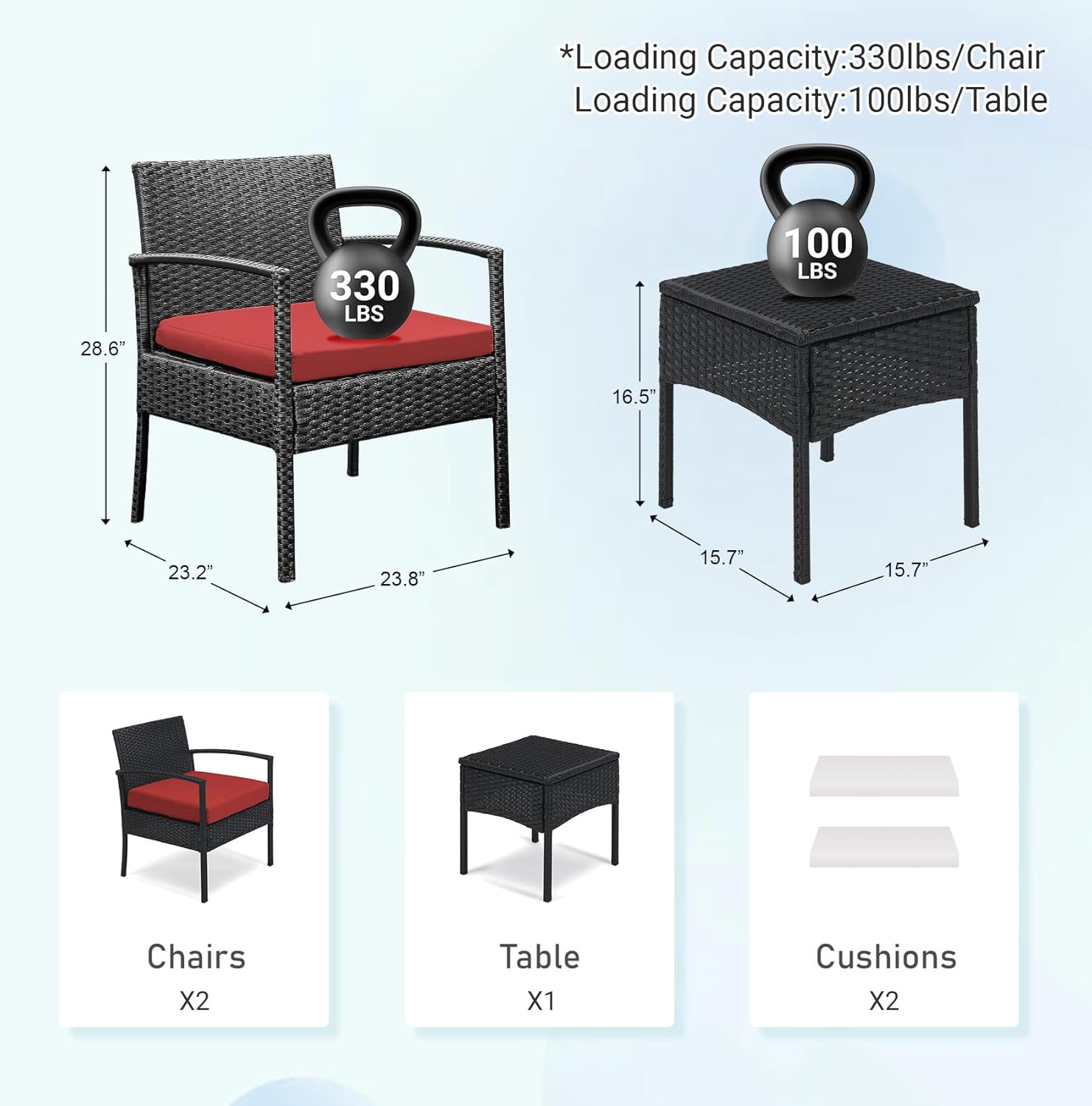 Outdoor Furniture 3 Piece Patio Bistro Set, Red