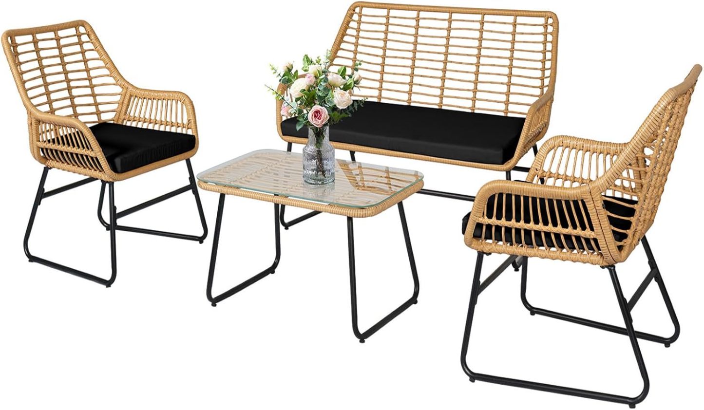 4 Piece Outdoor Wicker Patio Conversation Bistro Set, Black