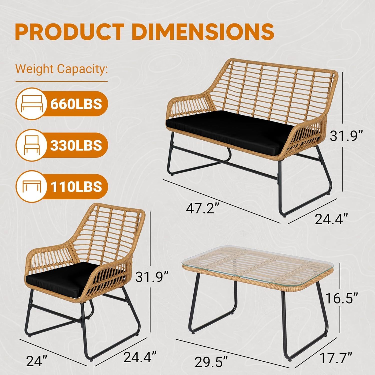 4 Piece Outdoor Wicker Patio Conversation Bistro Set, Black