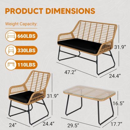 4 Piece Outdoor Wicker Patio Conversation Bistro Set, Black