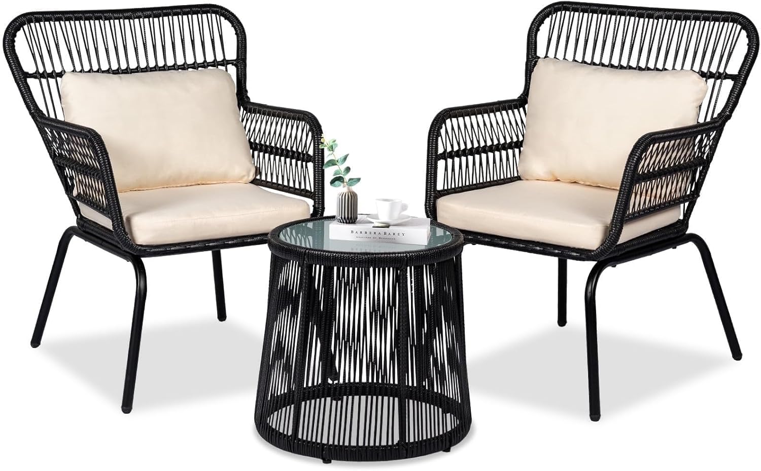 3 Piece Outdoor Wicker Furniture Bistro Set, Black/Beige