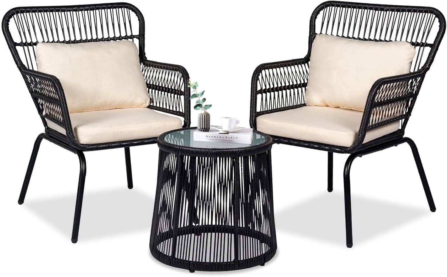 3 Piece Outdoor Wicker Furniture Bistro Set, Black/Beige