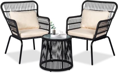 3 Piece Outdoor Wicker Furniture Bistro Set, Black/Beige