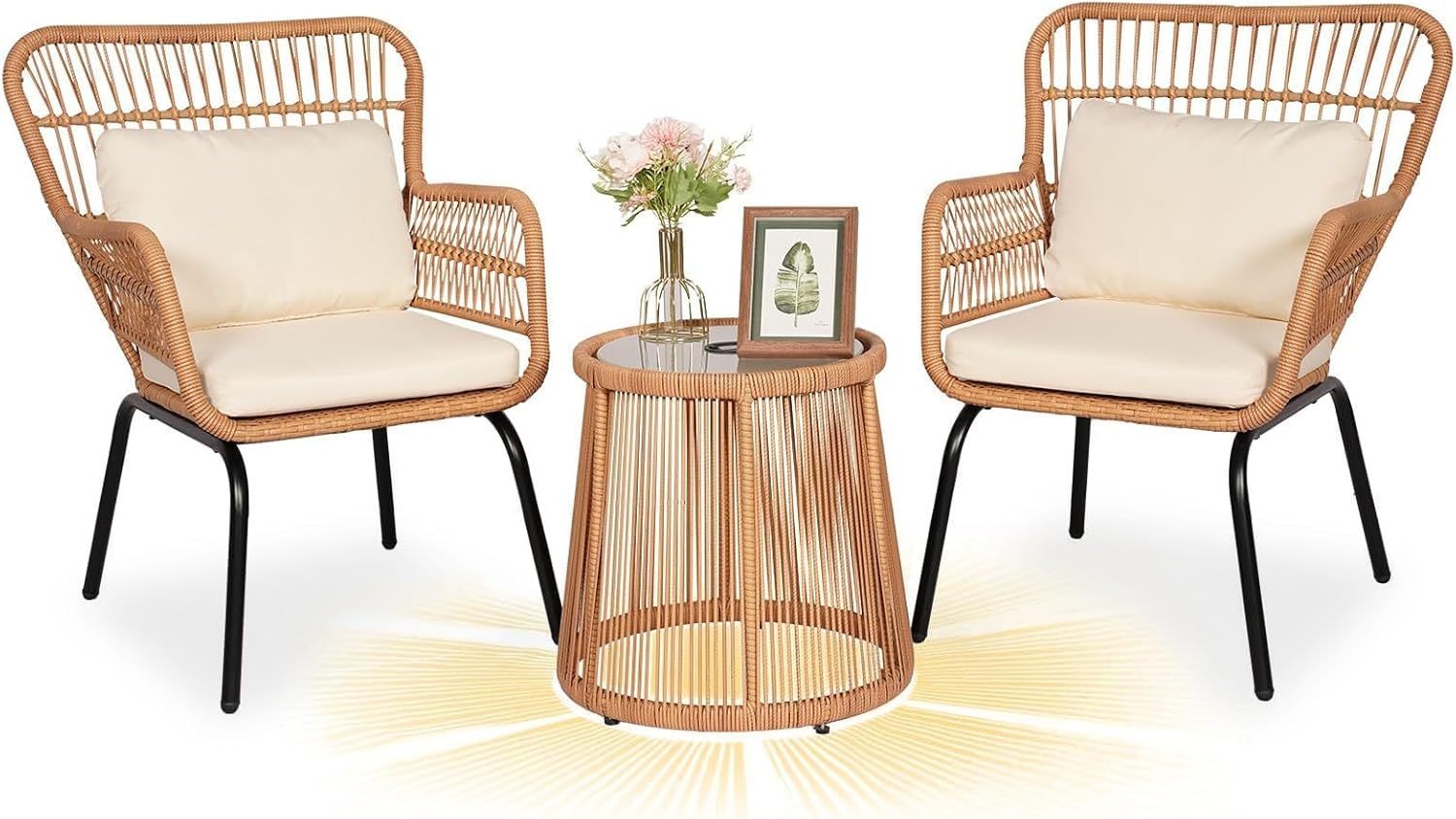3 Piece Outdoor Wicker Furniture Bistro Set, Beige