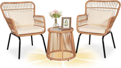3 Piece Outdoor Wicker Furniture Bistro Set, Beige