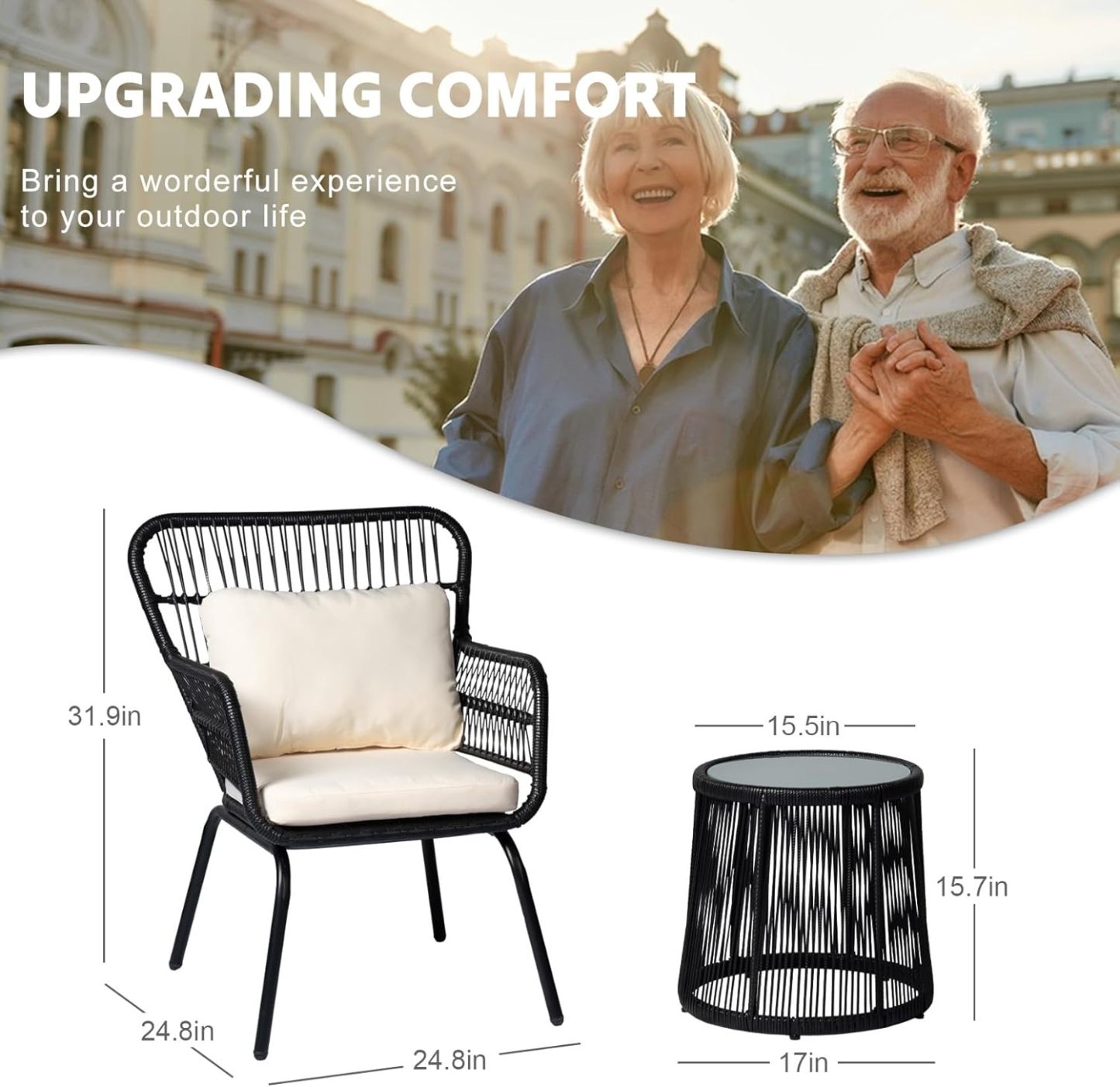 3 Piece Outdoor Wicker Furniture Bistro Set, Black/Beige