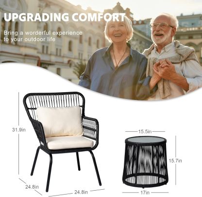 3 Piece Outdoor Wicker Furniture Bistro Set, Black/Beige