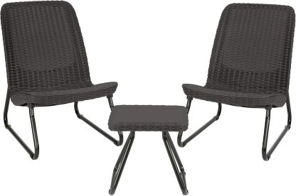 3 Piece Resin Wicker Patio Furniture Set with Side Table and Outdoor Chairs Dark Grey