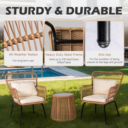 3 Piece Outdoor Wicker Furniture Bistro Set, Beige