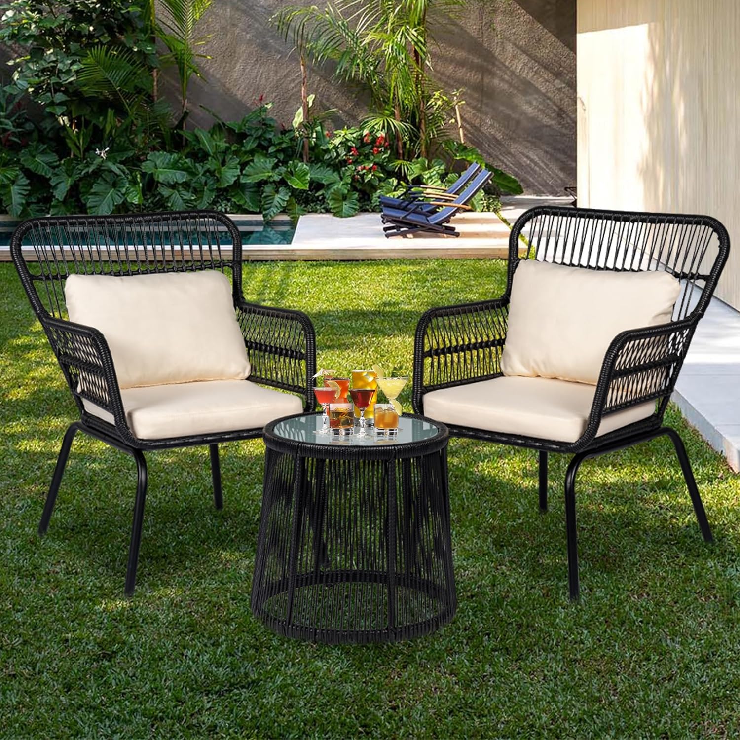 3 Piece Outdoor Wicker Furniture Bistro Set, Black/Beige