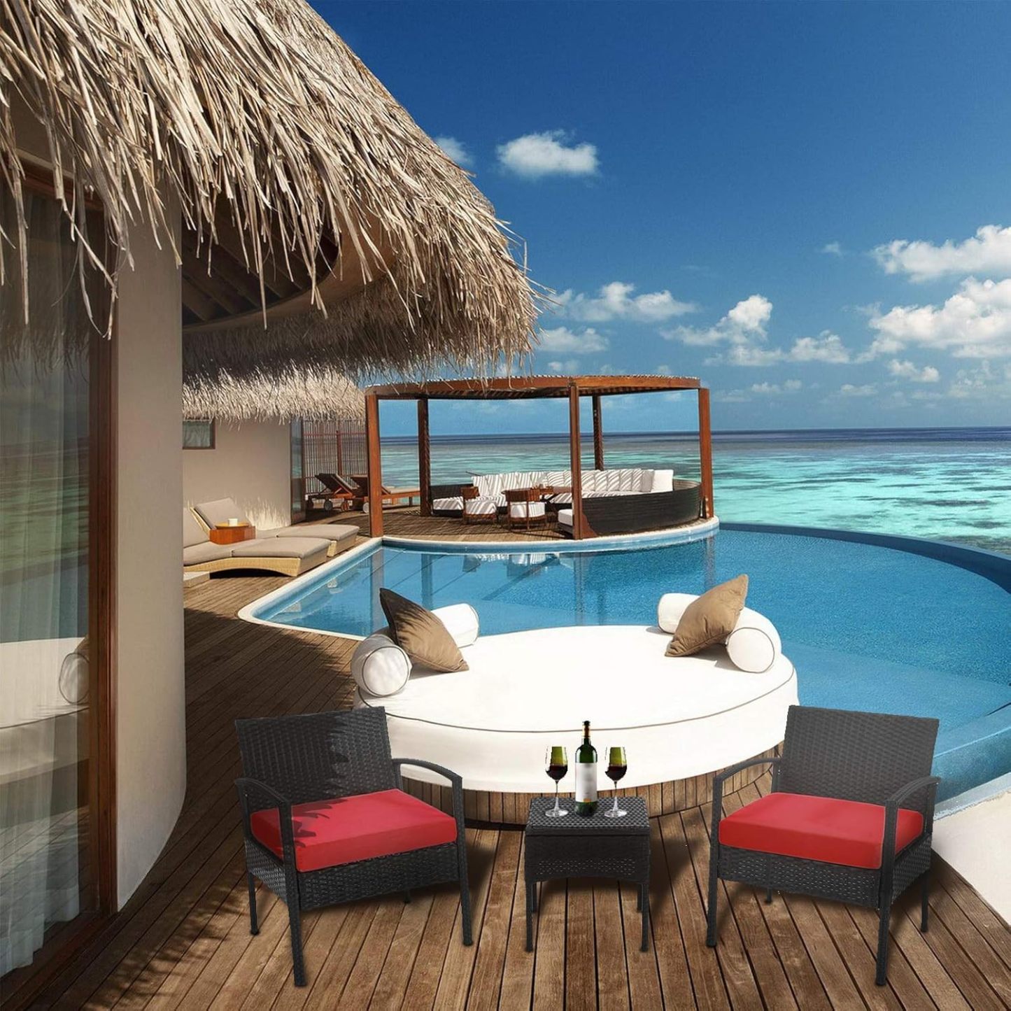 Outdoor Furniture 3 Piece Patio Set Cushions Red