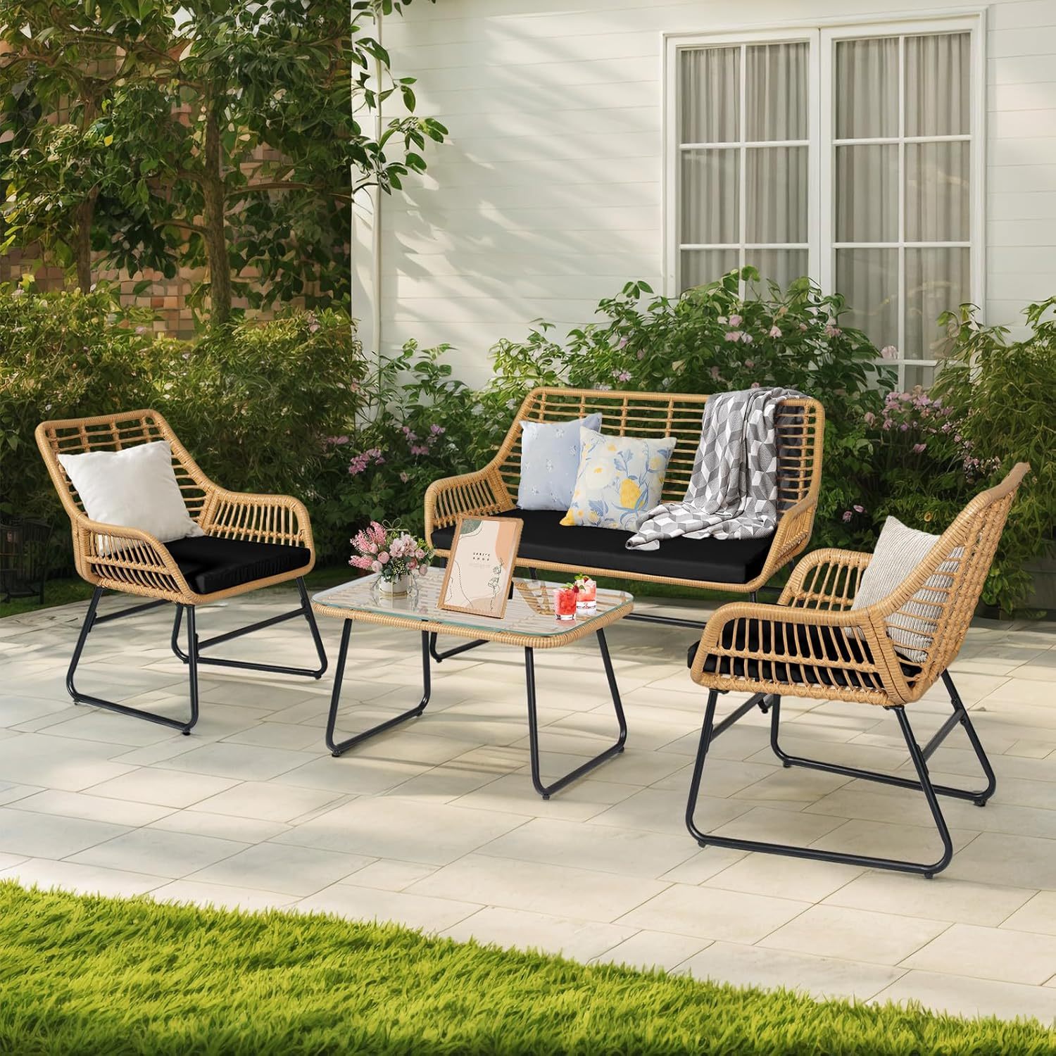 4 Piece Outdoor Wicker Patio Conversation Bistro Set, Black