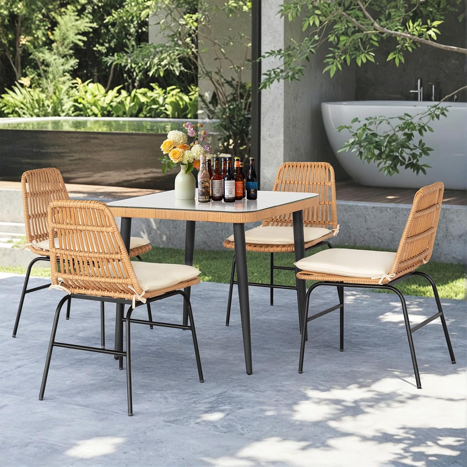 5 Piece Rattan  Outdoor Patio Dining Set,  Beige