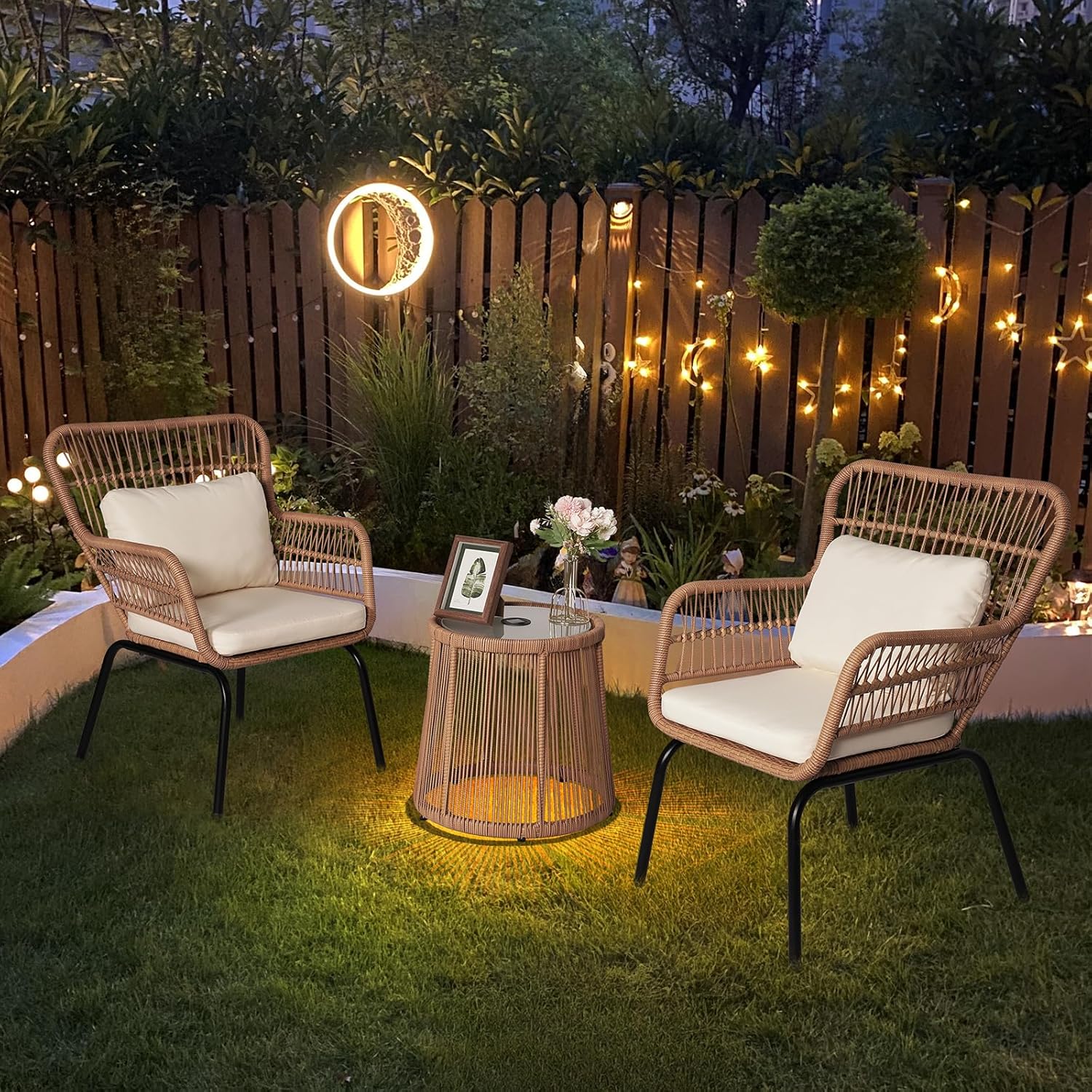 3 Piece Outdoor Wicker Furniture Bistro Set, Beige