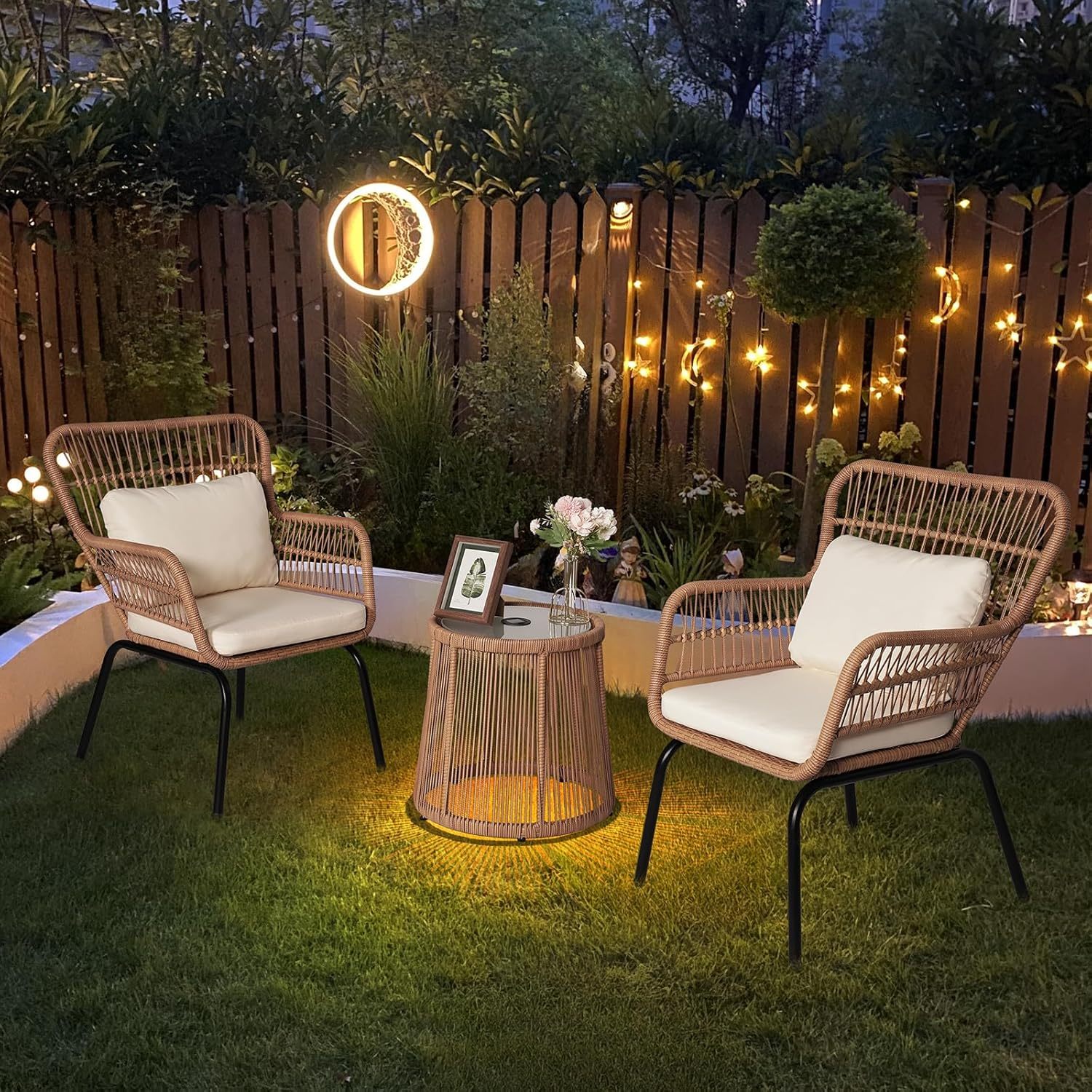 3 Piece Outdoor Wicker Furniture Bistro Set, Beige