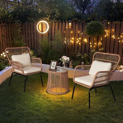 3 Piece Outdoor Wicker Furniture Bistro Set, Beige