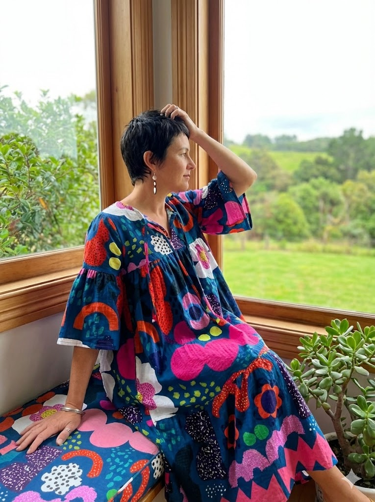 Blue Kooki dress 100% seersucker cotton (darker & brighter print)