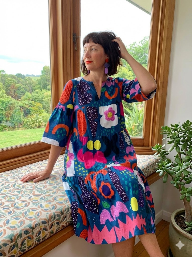 Blue Kooki dress 100% seersucker cotton (darker & brighter print)