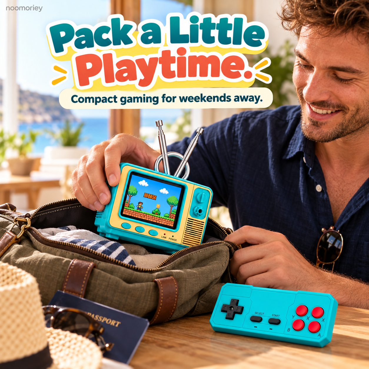 Compact GV300 retro console and controller packed for a weekend getaway