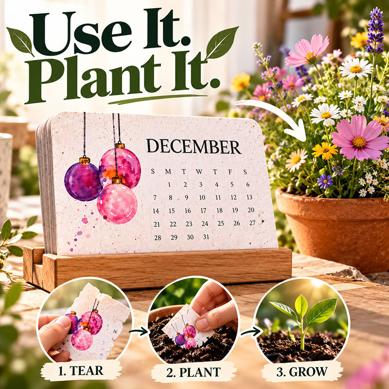 Calendar on its wooden stand with planting steps