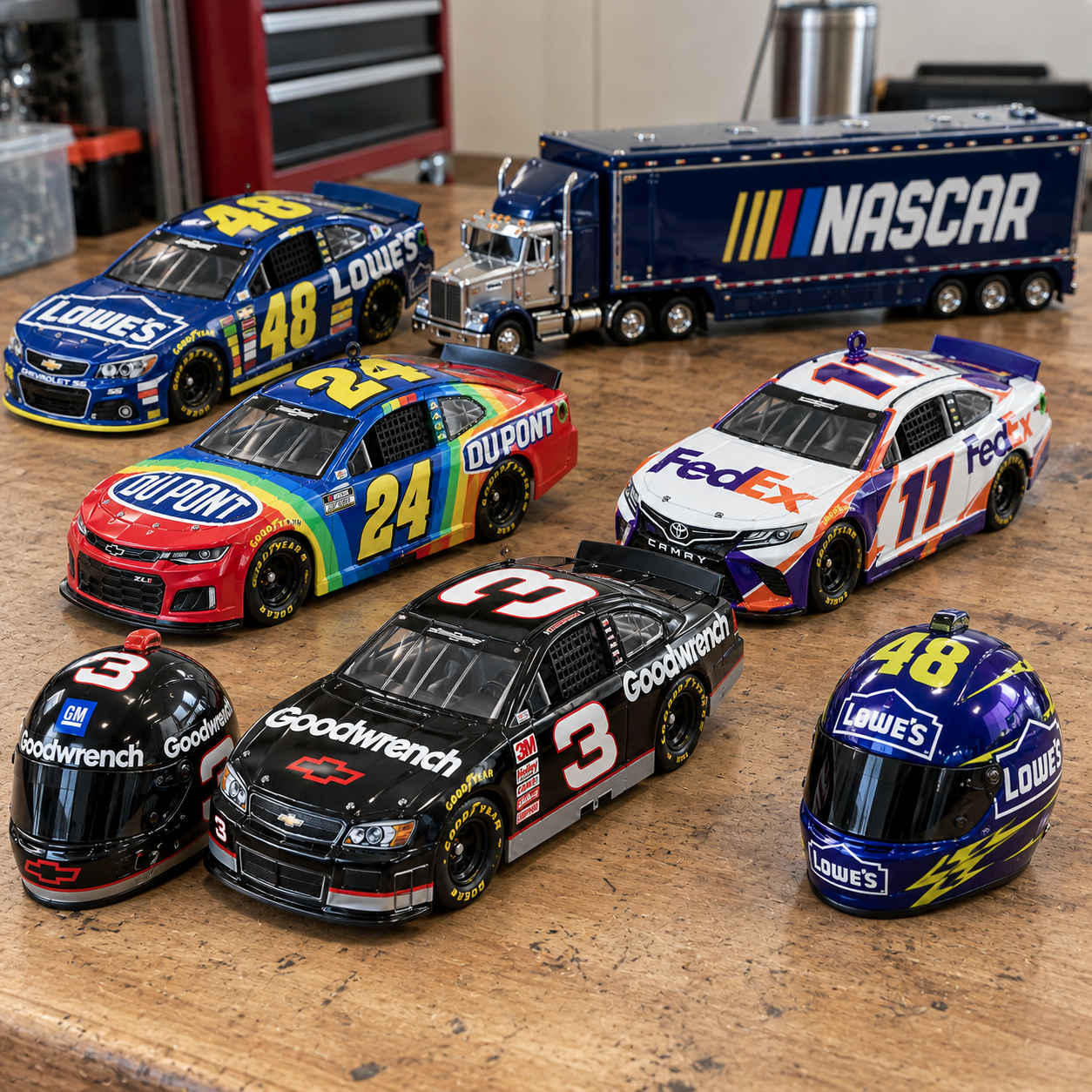 Racing-themed collectibles arranged for display