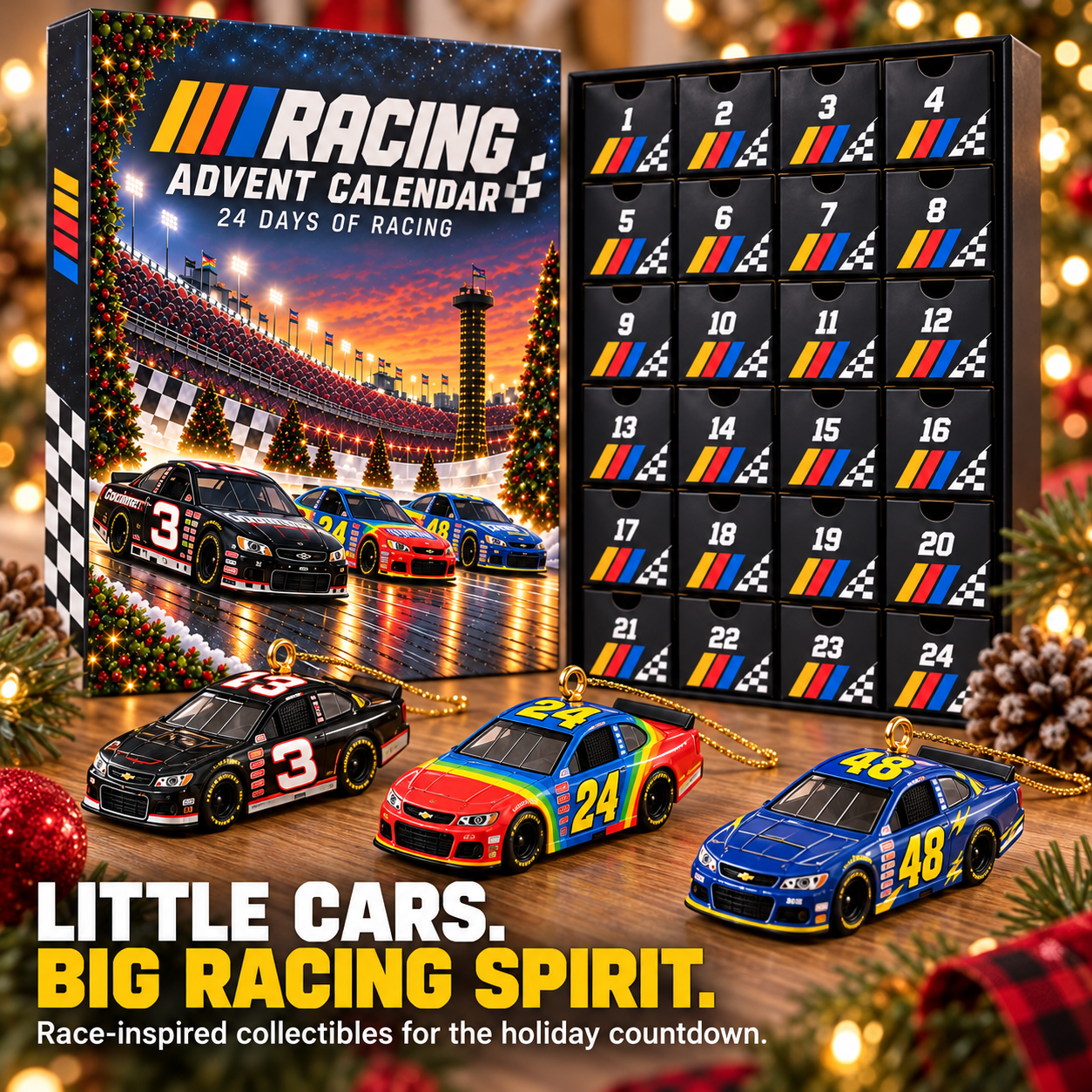 Racing advent calendar with collectible ornaments for the Christmas countdown