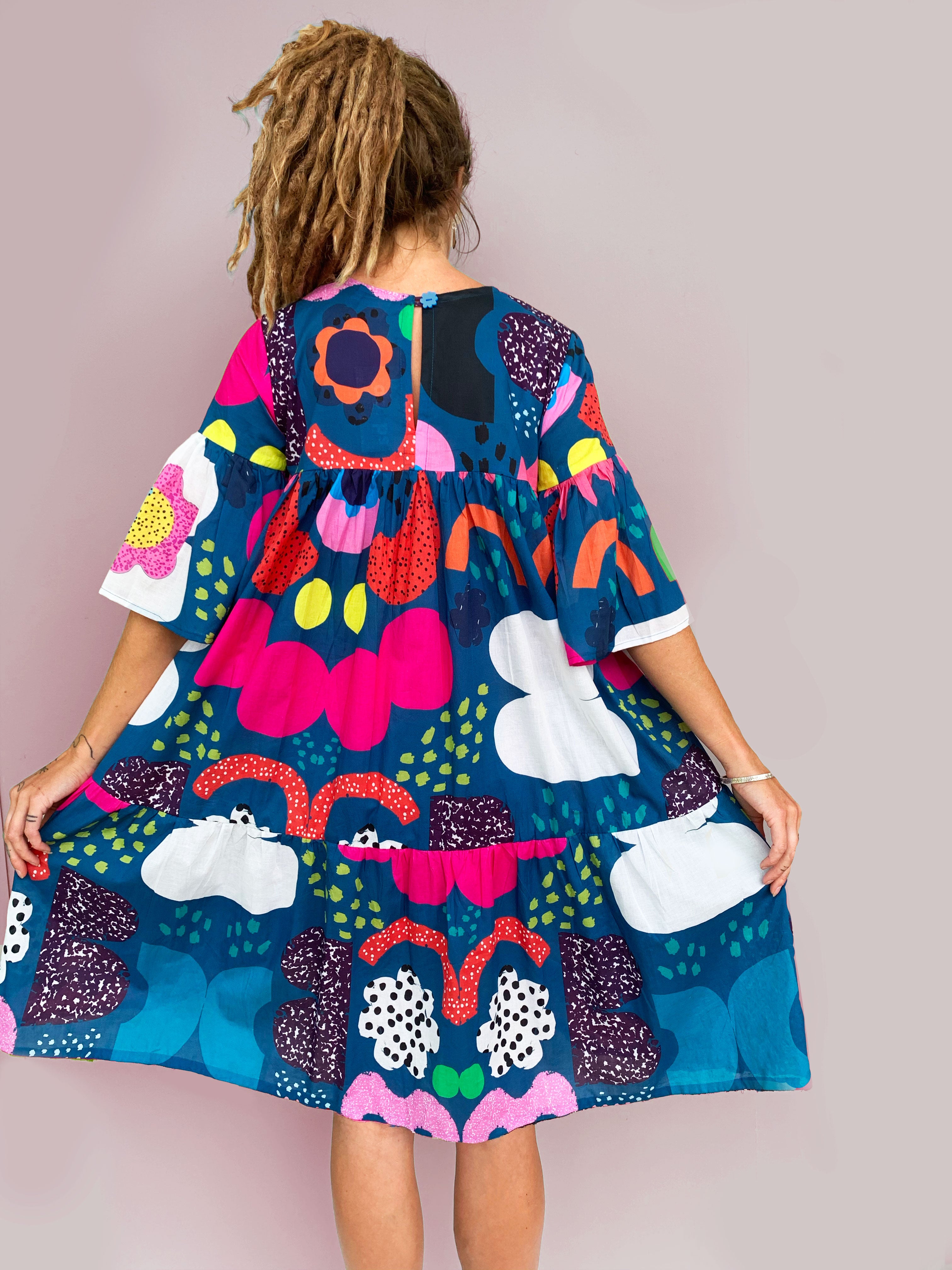 Blue Kooki dress 100% seersucker cotton (darker & brighter print)