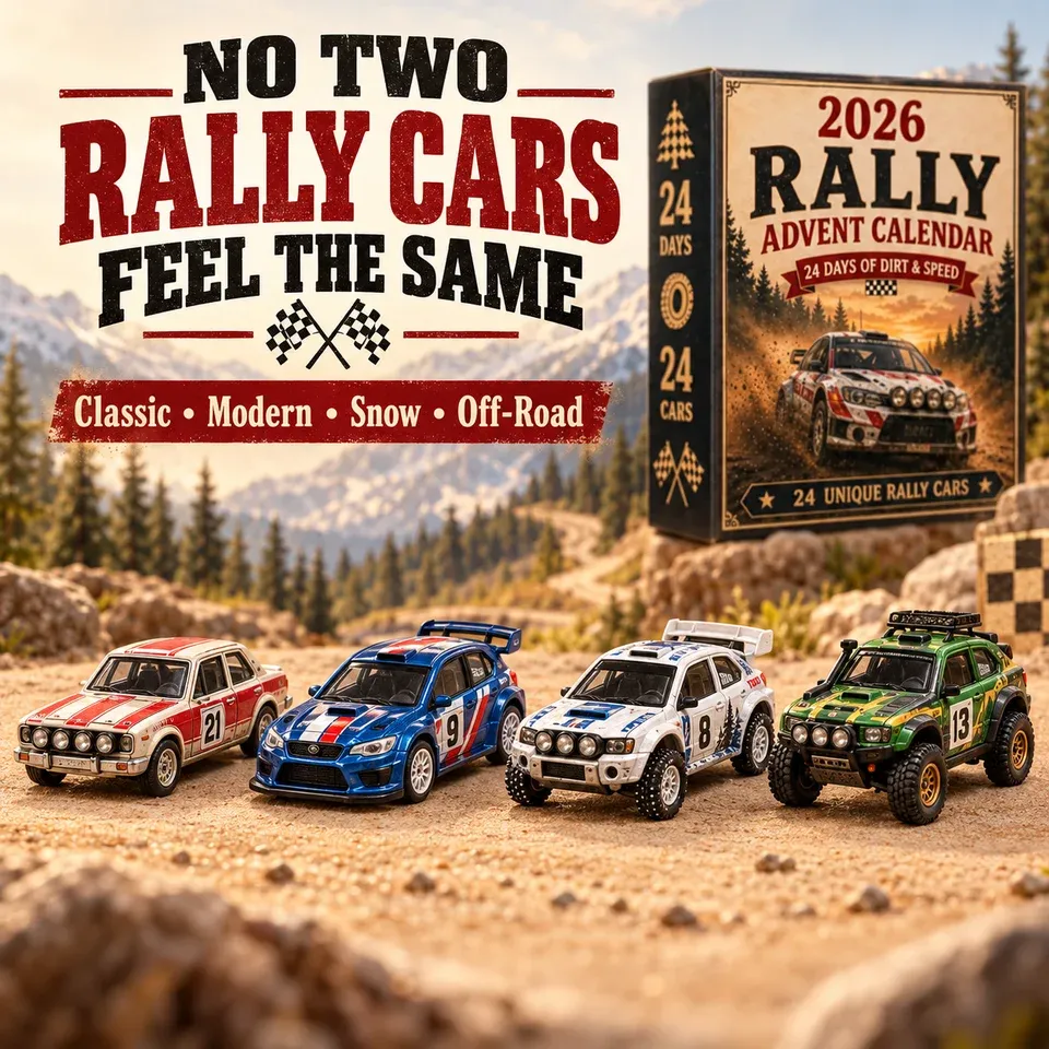 Four different rally car miniatures beside the Advent Calendar