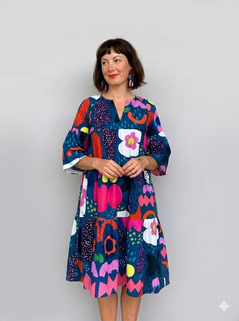 Blue Kooki dress 100% seersucker cotton (darker & brighter print)