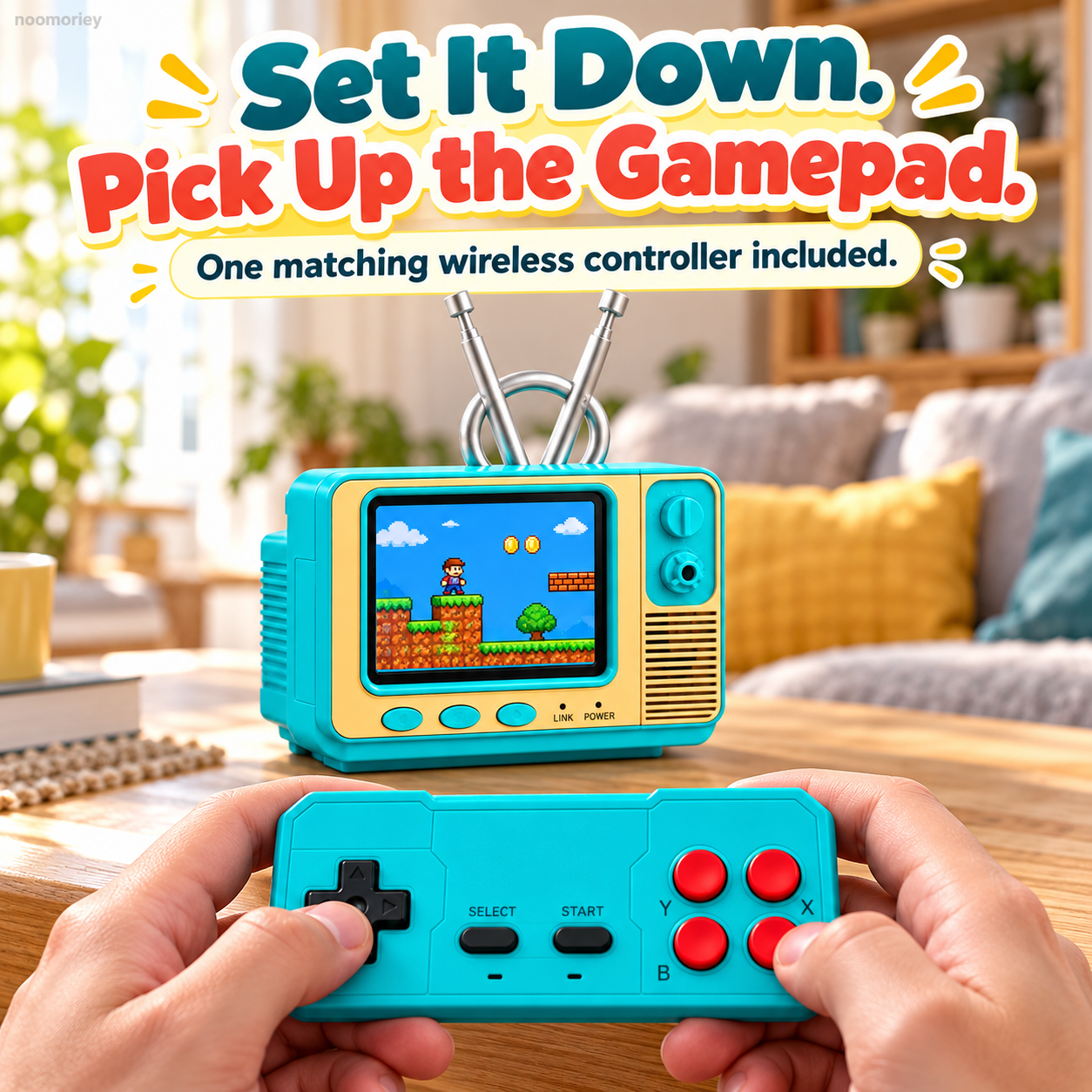 Hands using the included turquoise gamepad with the retro gaming console