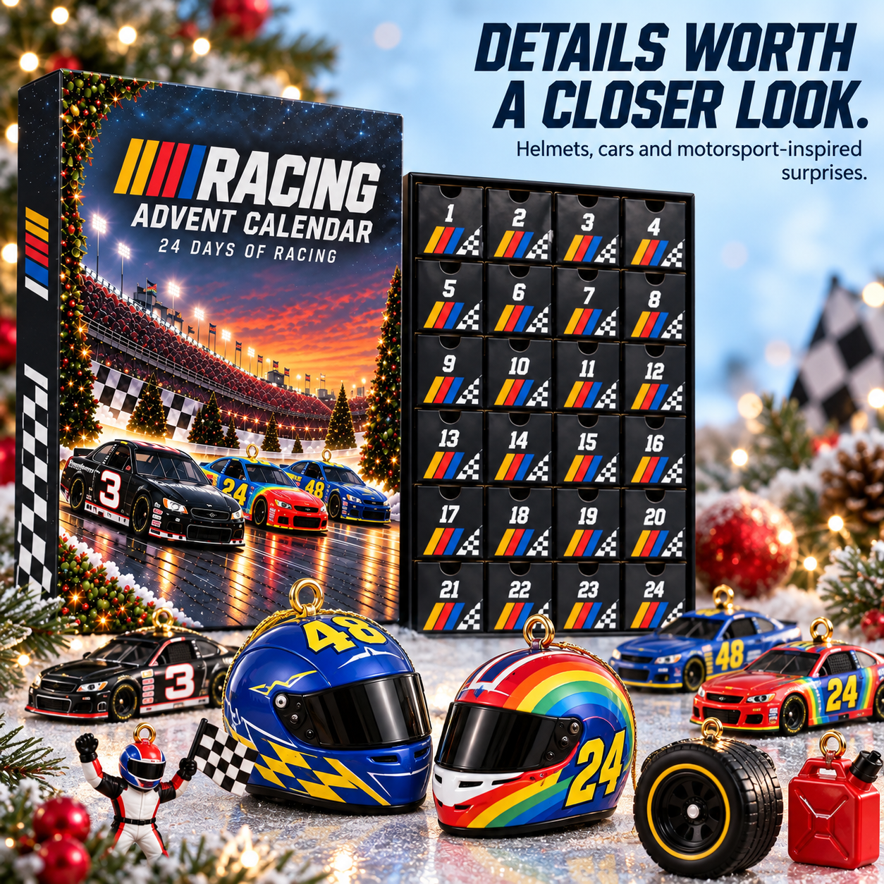 Close-up of miniature racing helmet ornaments and motorsport collectibles
