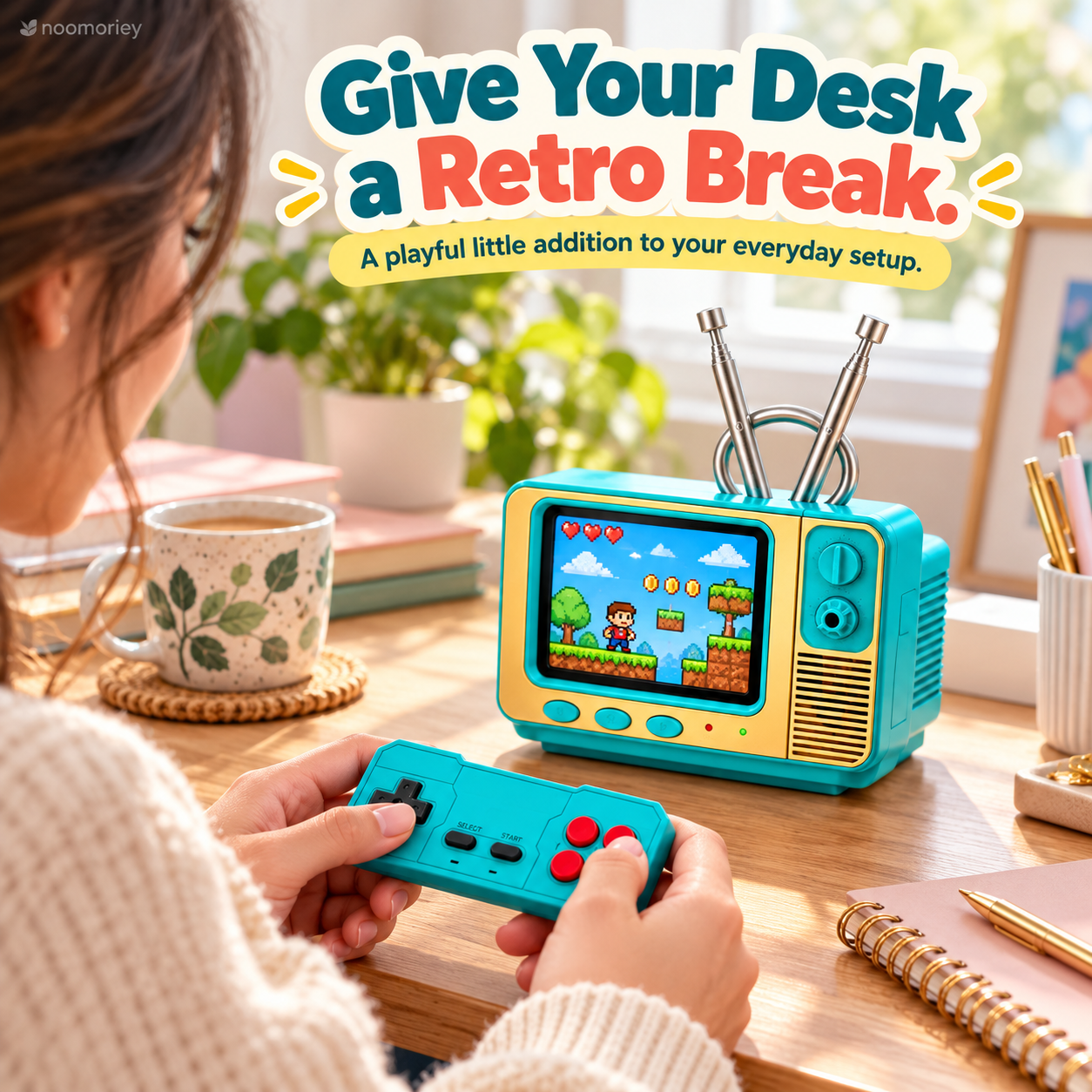 GV300 mini TV gaming console arranged on a desk