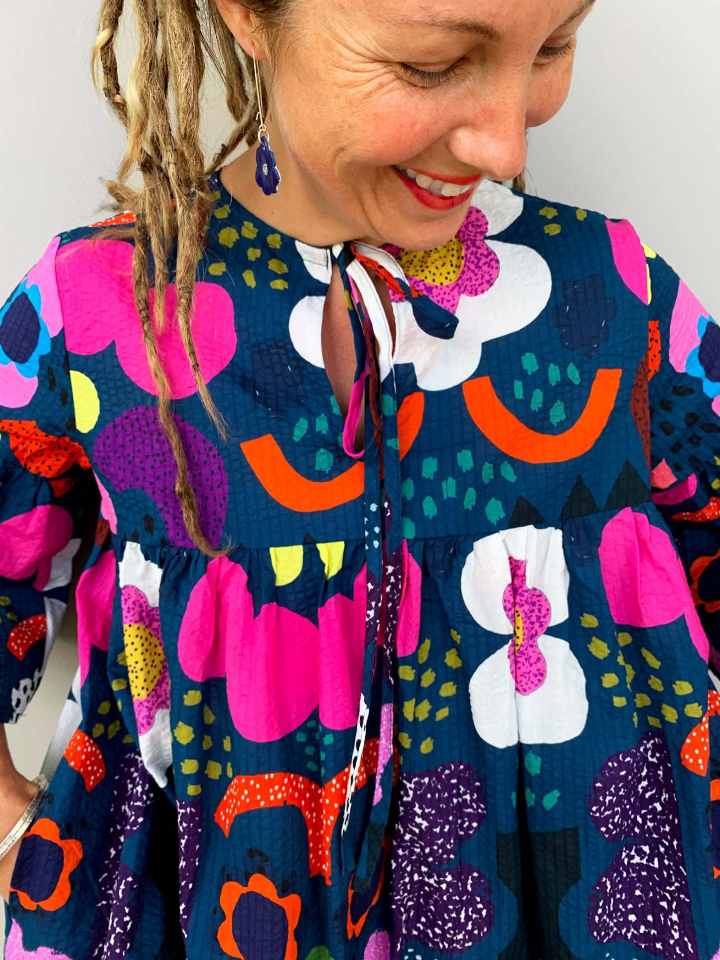 Blue Kooki dress 100% seersucker cotton (darker & brighter print)