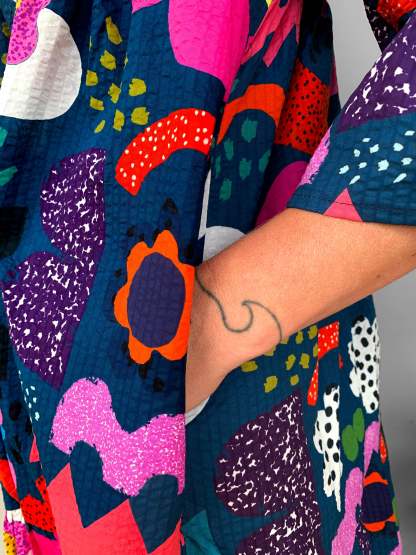 Blue Kooki dress 100% seersucker cotton (darker & brighter print)