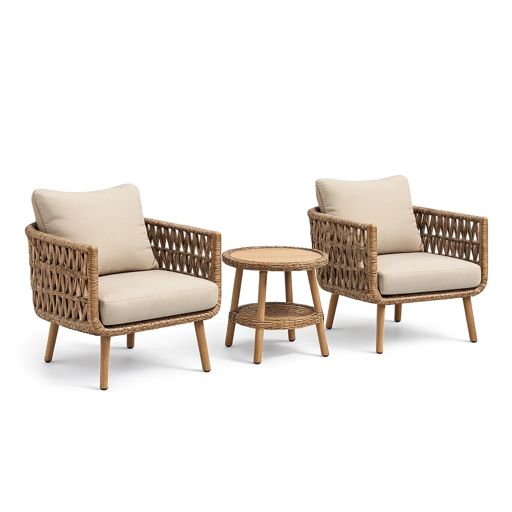 Small leisure set 3 Piece Wicker Lounge Chair and Table Beige Polyester Woven Finish-Mobieta