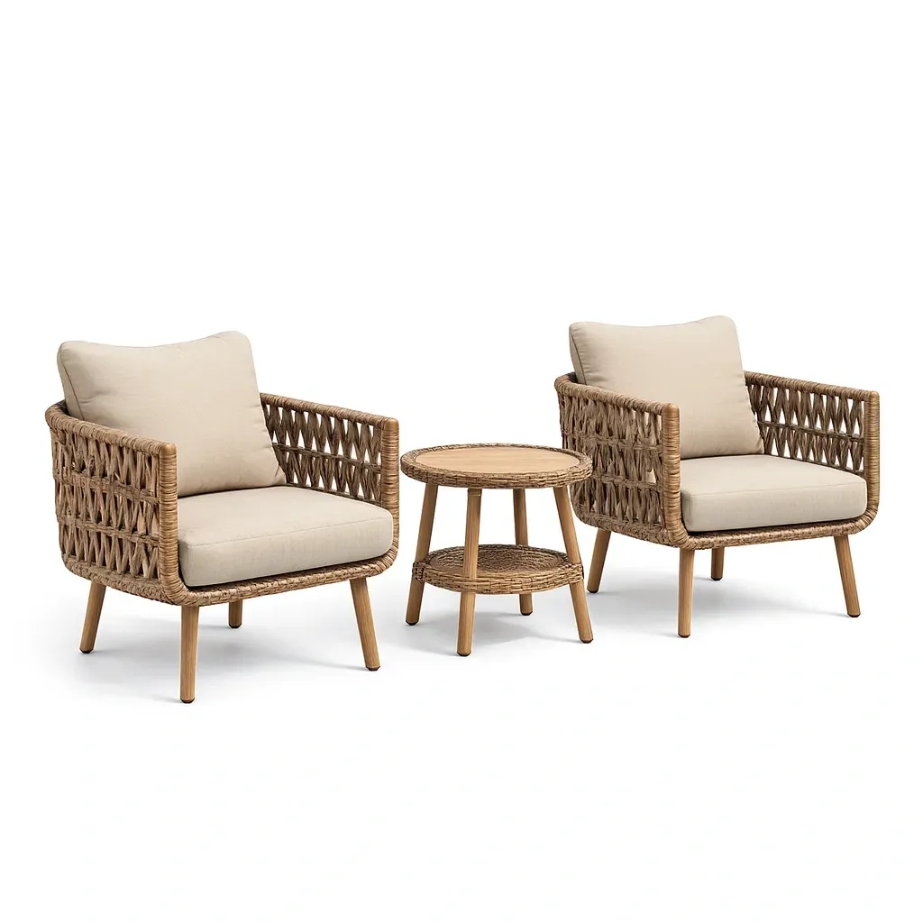 Small leisure set 3 Piece Wicker Lounge Chair and Table Beige Polyester Woven Finish-Mobieta